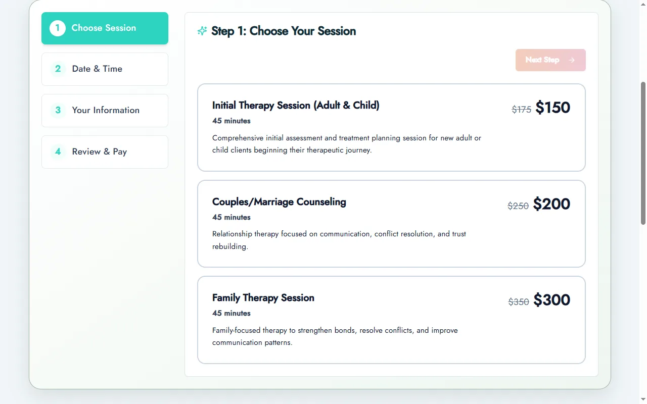 Online booking page listing the practice's own session types and prices