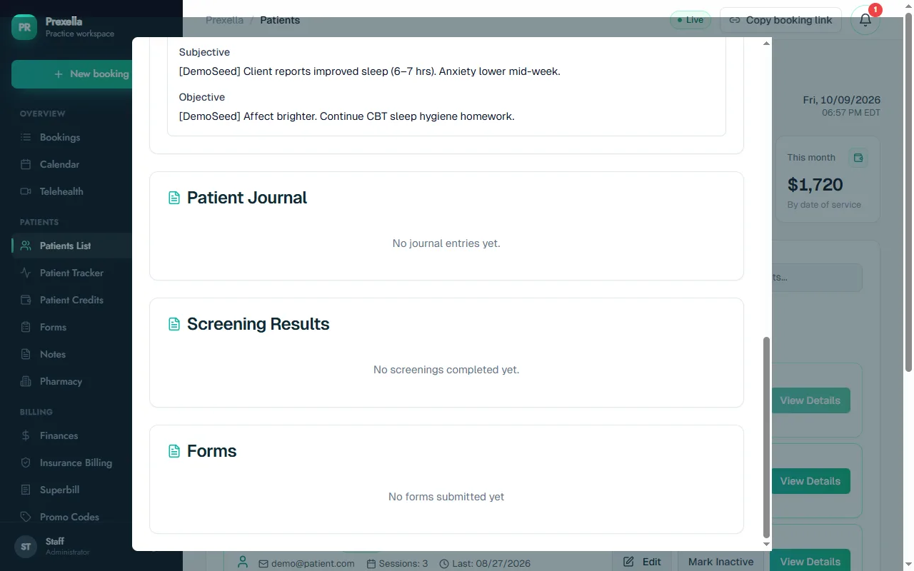 Client record with its Screening Results and Forms sections