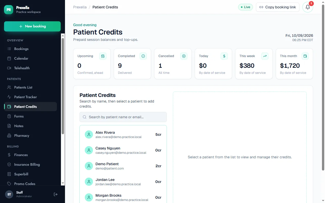 Prepaid therapy sessions shown as each client's credit balance in the Patient Credits tab