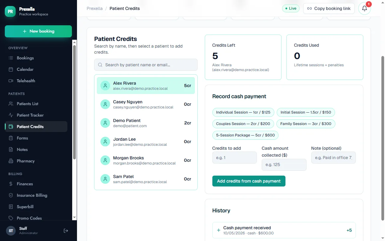 A client's credits left and credits used, with the form to record a cash payment