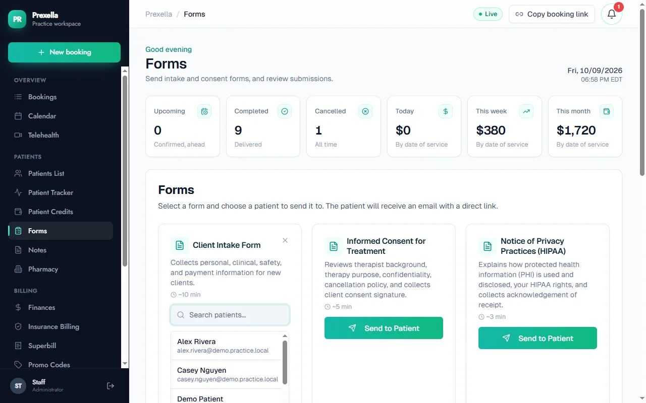 Choosing a client to send the intake form to