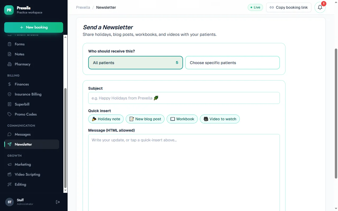 Newsletter composer with recipients, subject and quick-insert blocks