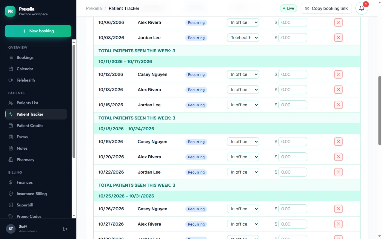 Patient Tracker listing sessions by week, each marked In office or Telehealth
