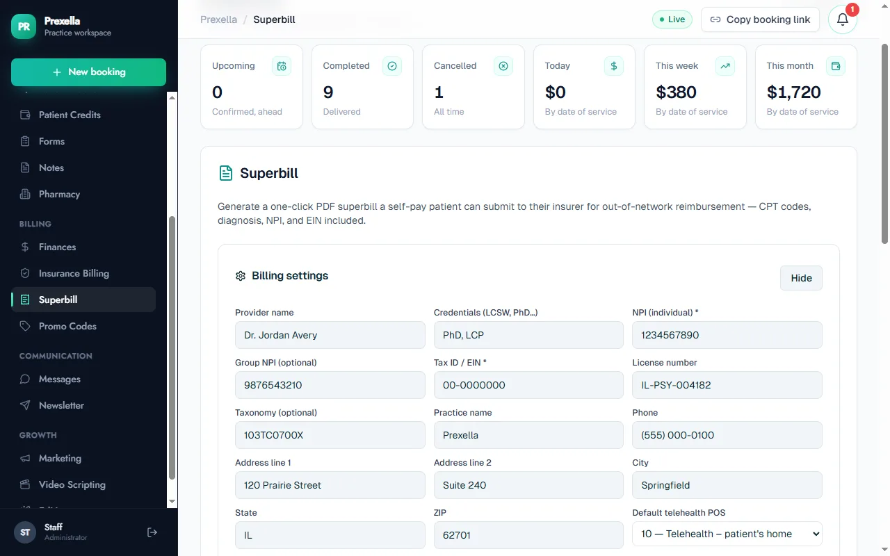 Superbill software for therapists showing billing settings with NPI, EIN, license and taxonomy