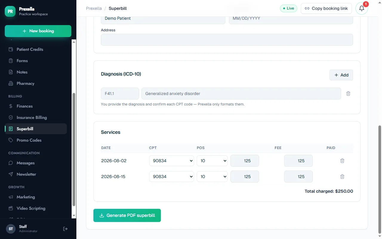 Superbill service lines with CPT codes, place of service, fees and the Generate PDF button