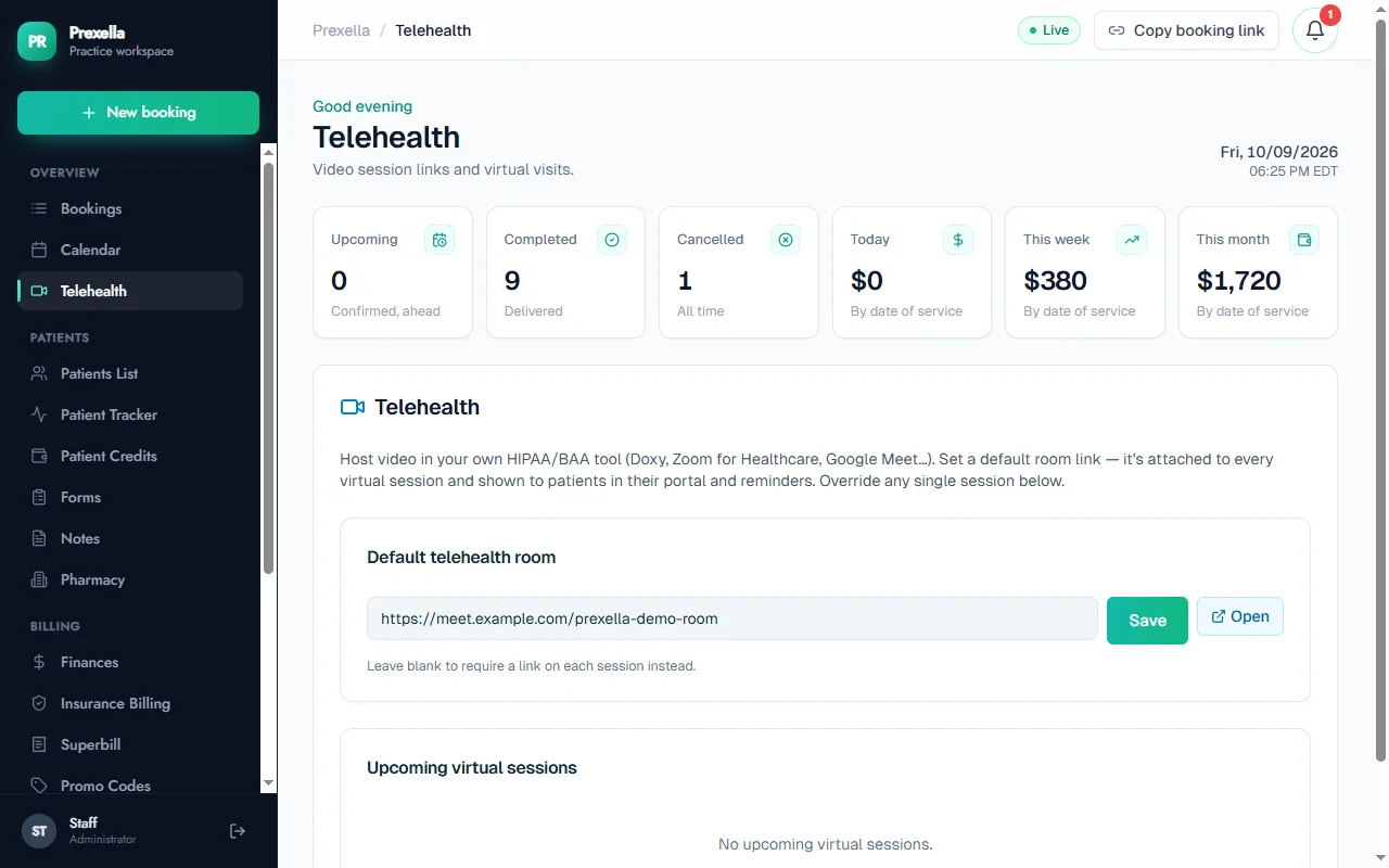 Telehealth tab with the practice's default video room link