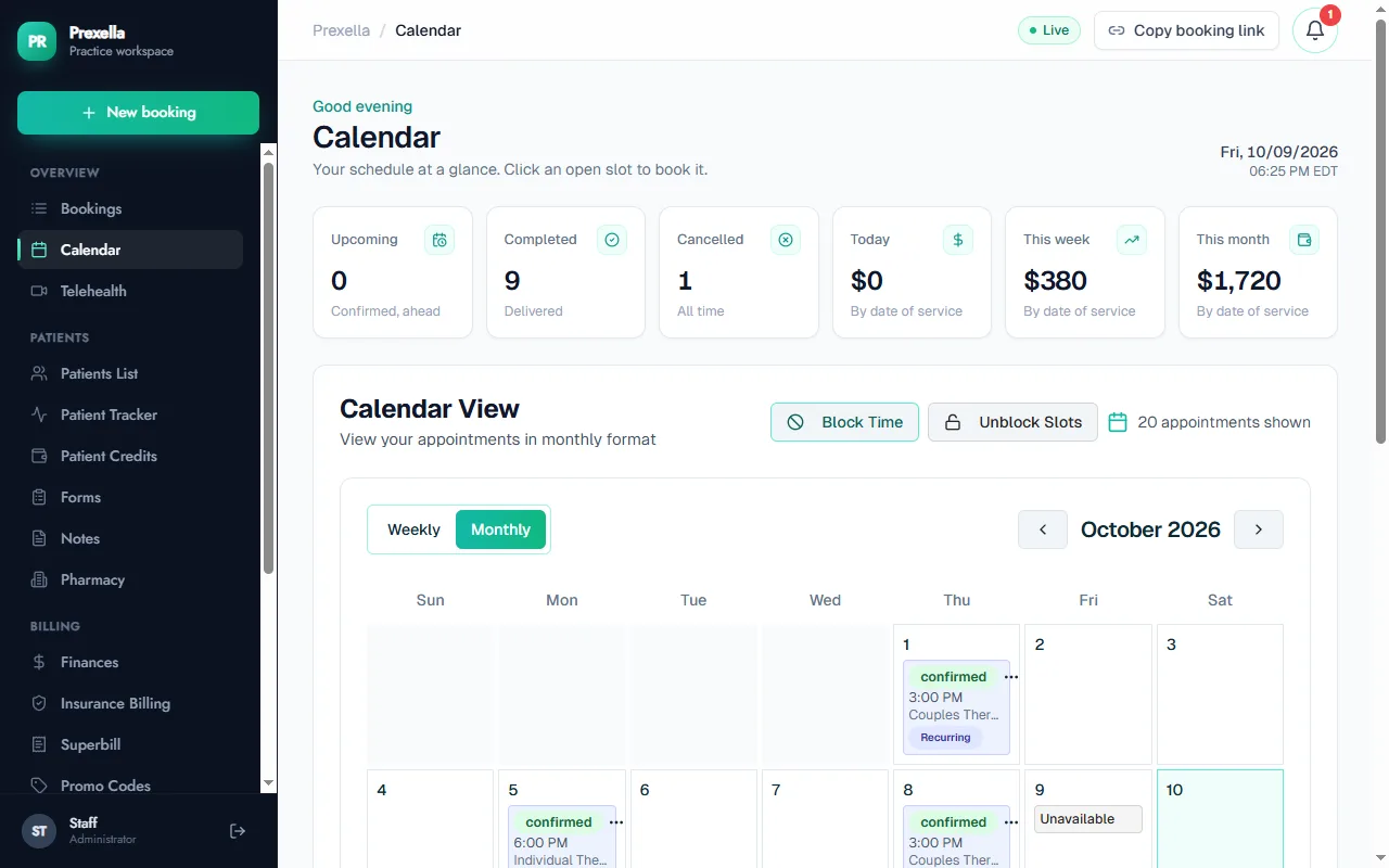 Practice calendar with recurring, telehealth and in-office sessions in Prexella