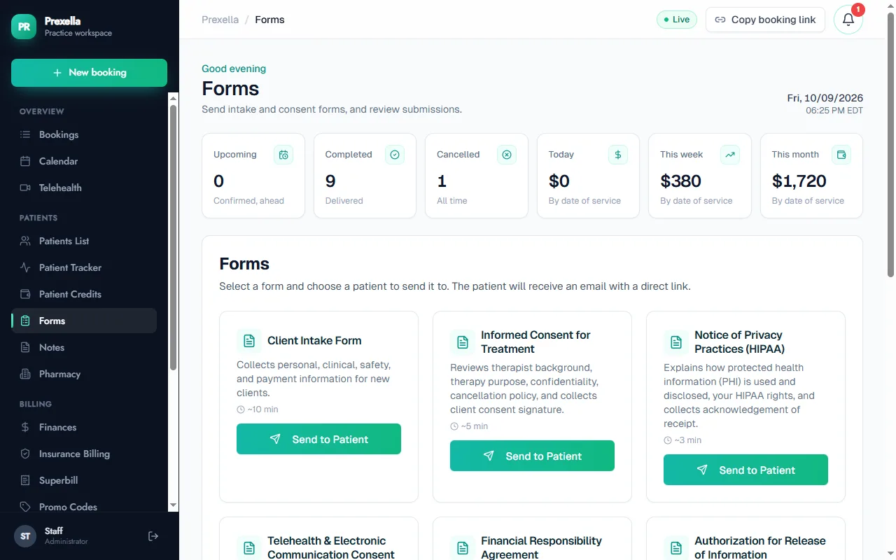 The Forms tab in Prexella's dashboard, where a practice sends intake, informed consent and HIPAA notice forms to a client