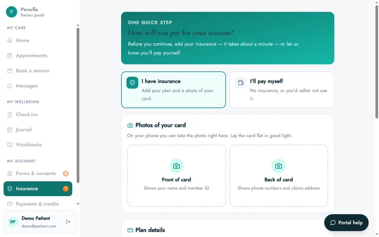 Prexella client portal with Check-ins and Forms in the sidebar, showing the insurance or self-pay step a new client completes